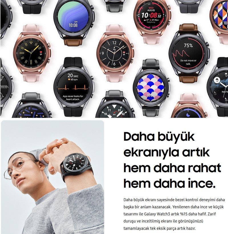 Samsung Galaxy Watch 3 (45mm) - Mystic Black - SM-R840NZKATUR Akıllı Saat En gelişmiş dijital doktorunuz akıllı saatinizle her zaman yanınızda. Şimdiye kadarki en gelişmiş Galaxy saatle tanışın. Galaxy Watch3 akıllı telefon özelliğiyle önde gelen sağlık teknolojilerini tek bir cihazda buluşturuyor. Tüm sağlık değerlerinizi zahmetsizce görüntüleyebileceğiniz Galaxy Watch3 ile sağlığınız artık tamamen sizin elinizde.