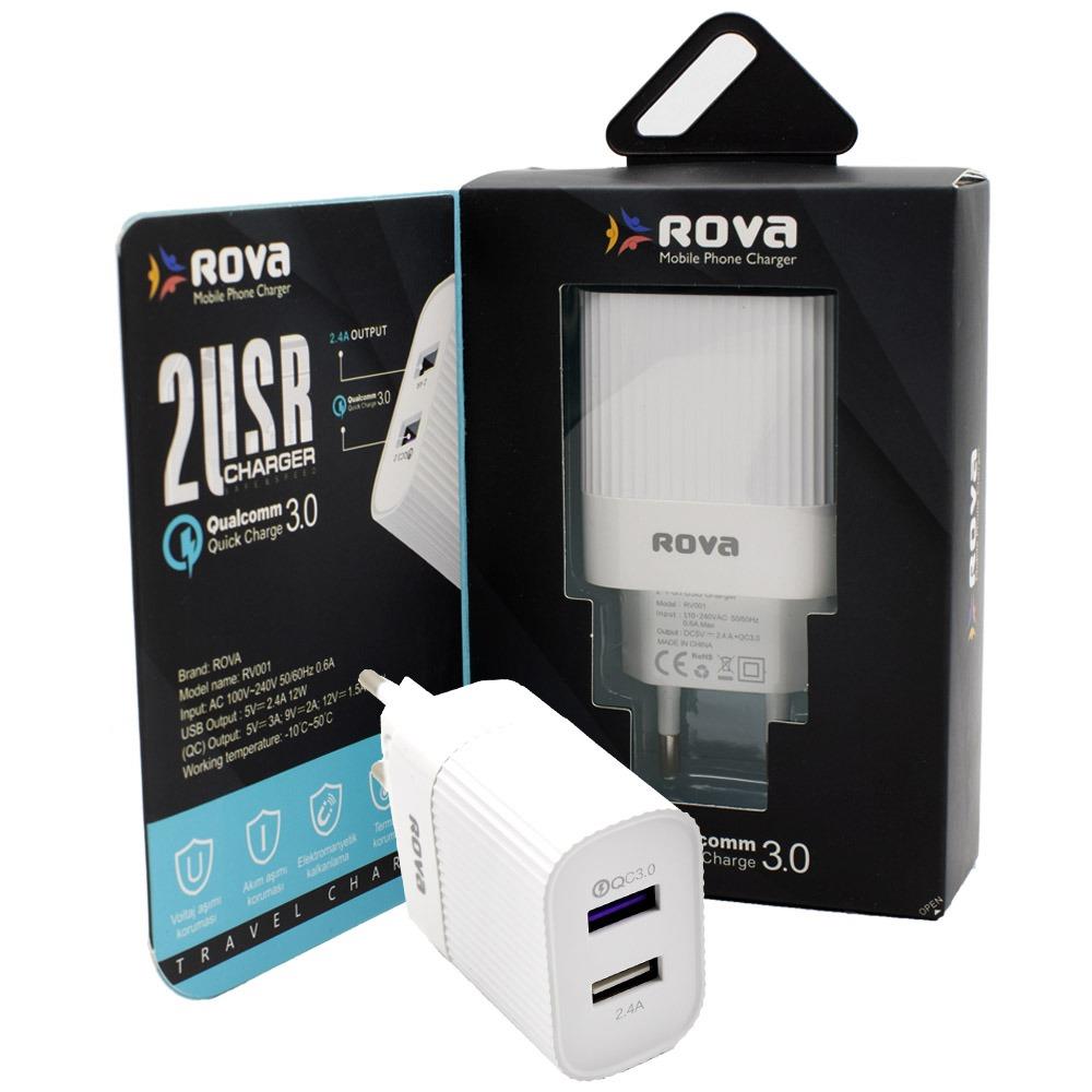 Rova RV001 HIZLI Şarj Cihazı 5V-3A/2.4A Qualcomm Quick Şarj 3.0 telefondukkani.com.tr den satın alabilirsiniz.