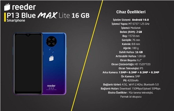 Reeder P13 Blue Max Lite 16GB Akıllı Cep Telefonu ( Reeder Türkiye Garantili ) sınır geniş ekranı sayesinde gözünüz daha rahat