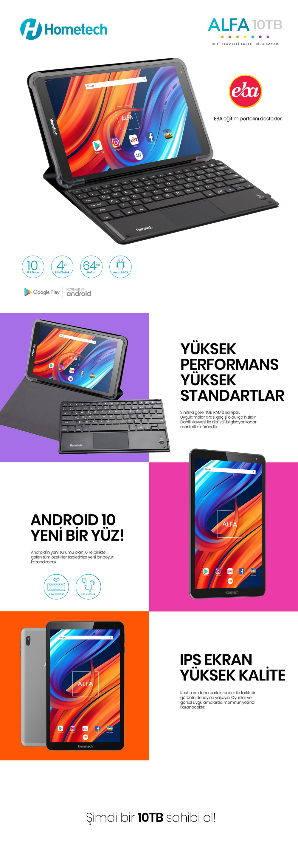 Hometech ALFA-10TB 64GB 10.4'' IPS Tablet + Klavye + Kılıf